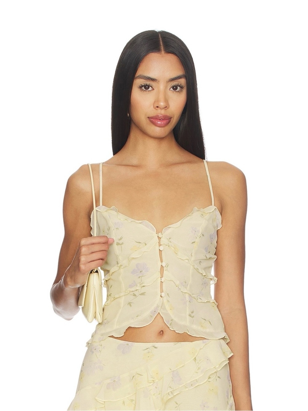 Revolve Tularosa Pale Yellow Sheer Floral Ruffle Cami